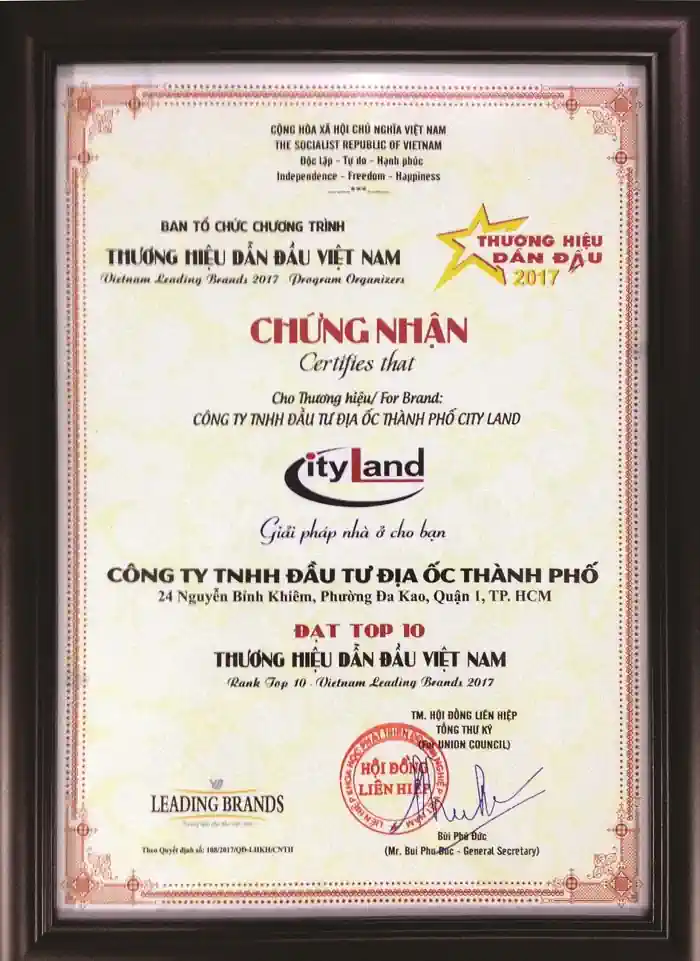 Chứng nhận Thương hiệu dẫn đầu Việt Nam của Chủ đầu tư Cityland